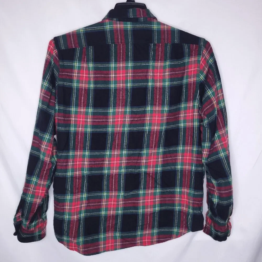 J Crew Flannel Shirt Mens Medium Plaid Red, Green Mid Weight Double Brushed